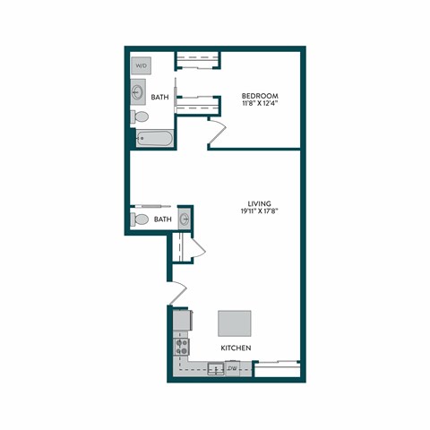 Floor plan for 1 bed, 1.5 baths, 868 sqft